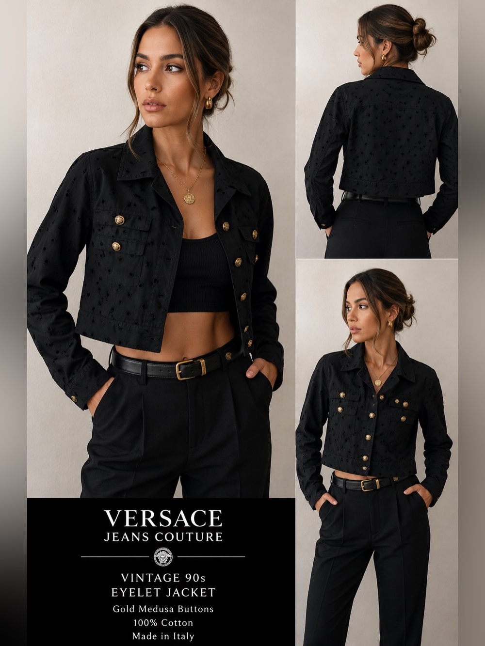 Vintage Versace Jeans Couture Black Eyelet Jacket Gold Medusa Buttons 90s